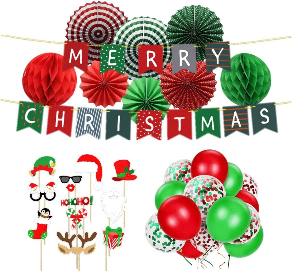 Merry Christmas Banner Paper Fans Honeycomb Balls Confetti Balloons Red Green Latex for Party Decoration