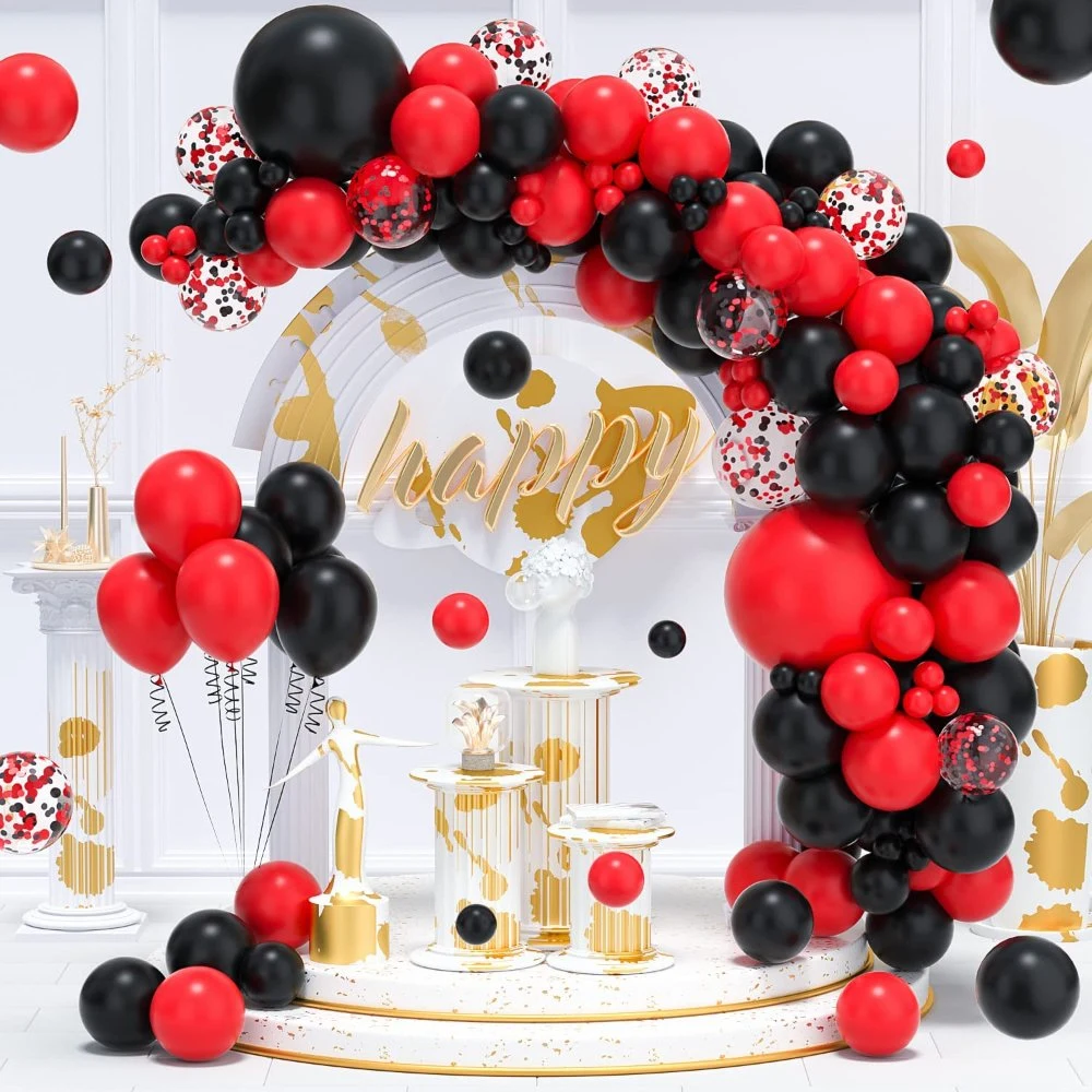 Red Black Balloon Garland Arch Kit - 122PCS Black Red Confetti Latex Party Balloons for Mother&prime; S Day BBQ Casino Graduation Birthday Party Decorations