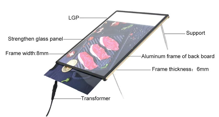 New Products in 2018 Ultra-Thin A4 10mm Thick Sturdy and Durable LED Highlight Fillet Scratch-Proof Glass Advertising Light Box
